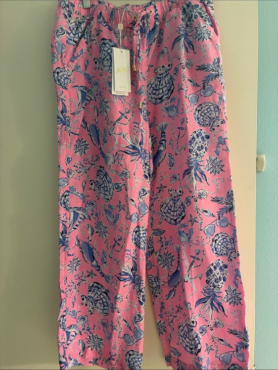 Lilly Pulitzer Pants - Lilly Pulitzer Linen Pink and Blue Seashell Drawstring Pants